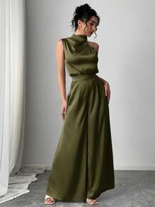 Firerie Women's Elegant Minimalist Sophisticated Fashion Commute Daily Wear Beige High Waist Asymmetrical Pleated Wide Leg Pants - Army Green - View 4