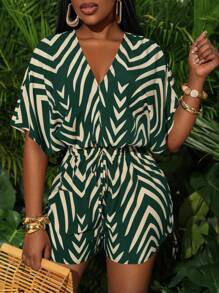 Slaydiva Spring And Summer New Style Casual Holiday Elegant Basic V-Neck Raglan Sleeves Waisted A-Hem Shorts Navy Blue Bottom White Wave Pattern Woven Fabric Women's Jumpsuit - Green - View 6