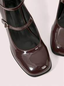 CUCCOO DOLLMOD 咖啡棕色闪亮漆皮踝带玛丽珍鞋，舒适粗跟，适合通勤、约会、派对、学校和各种场合 - 咖啡棕 - 查看 9