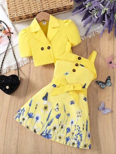 Elladie kids 2 件套小女孩粉色编织立领夹克和可爱无袖连衣裙