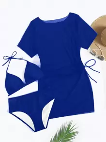 SHEIN Swim Curve 大码纯色比基尼套装，度假/海滩 - 藍色 - 查看 1