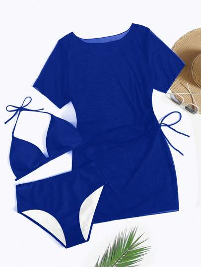 SHEIN Swim Curve 大码纯色比基尼套装，度假/海滩