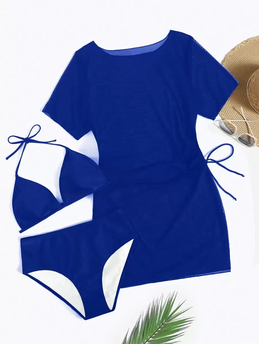 SHEIN Swim Curve Conjunto de bikini de un solo color talla grande, ideal para vacaciones/playa - Azul - Ver 1