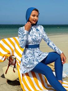 Swim Mulvari 2pcs/Set Women Beach Summer Outfit, Plant & Floral Print High Neck Long Sleeve Hoodie Top And Dress, Modest Vacation Swimwear - Blue and White - View 7