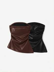 SHEIN EZwear 2pcs Women Solid Color PU Cropped Tank Top, Spring/Summer Brown - Chocolate Brown - View 2