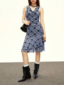 Rina Fox Vintage Blue Plaid Draped Neck Cropped Top And Asymmetrical Pleated Skirt 2 Pieces Set