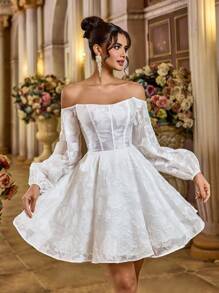 Aureia Vestido elegante, romántico, digno y dulce, de tela blanca cortada con láser con hombros descubiertos, adecuado para vacaciones, vestido de graduación, ceremonia de apertura, festival, invitado de boda, fiesta de cumpleaños, ducha nupcial, pequeño vestido blanco, novia