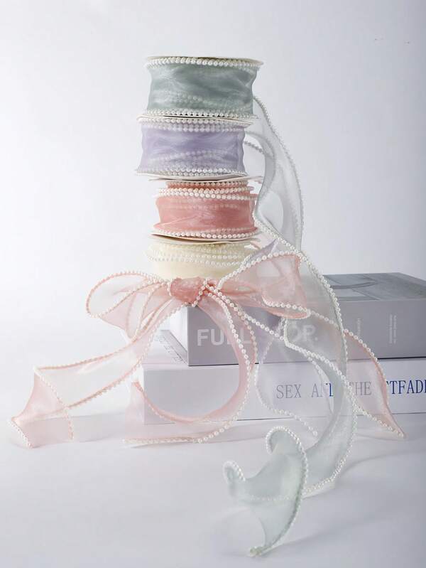 1Pc 4Cm*450Cm Pearl Fishtail Tulle Curling Ribbon, Cake Birthday Box Packaging Ribbon, Gift Packaging Ribbon, Weaving, Cake Packaging, DIY Bow, Flower Bouquet, Gift, Cake Packaging, Damask Ribbon