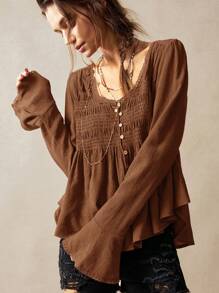 SHEIN BohoFeels 女士度假休闲纯色编织 V 领长袖衬衫 - 棕色 - 查看 4