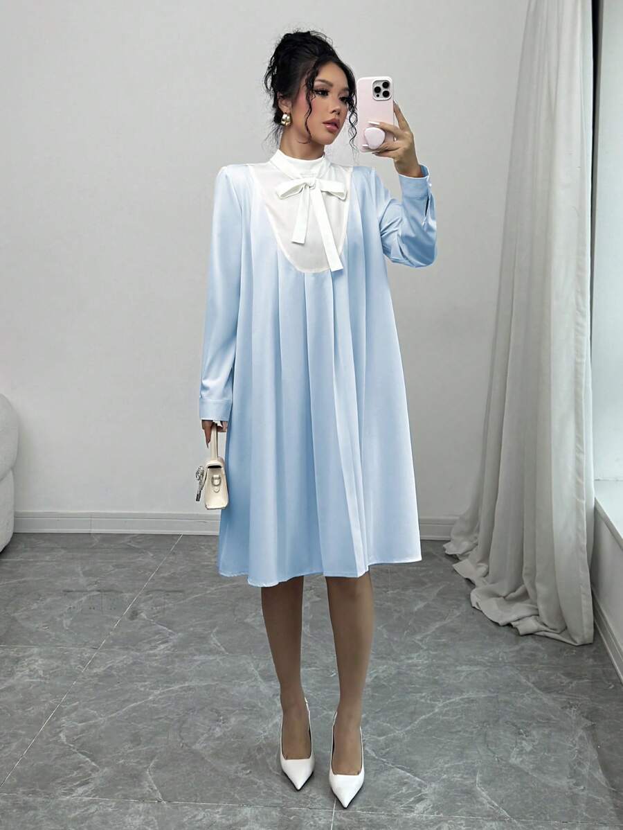 Elenzga Women Solid Color Lace-Up Sleeve Elegant Dress - Mint Blue - View 1