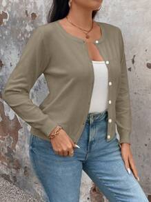 SHEIN LUNE Cárdigan de talla grande de un solo color, versátil y casual - Camel - Ver 5