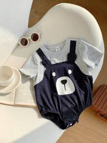 SHEIN Tutina casual sportiva e carina per bambini e bambine, in maglia larga a righe e patchwork, adatta per primavera ed estate, da indossare dentro e fuori casa