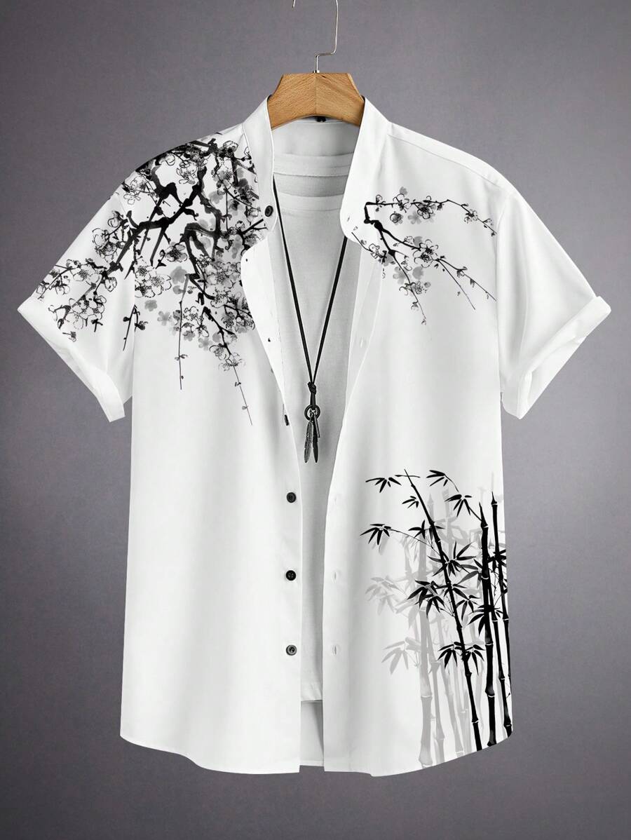 Manfinity Homme Bamboo & Plum Blossom Ink Painting Print Men's Short Sleeve Stand Collar Casual Shirt - White - View 1