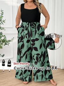 SHEIN CURVE+ Plus Size Women's Belt Printed Patchwork Casual Jumpsuit, Summerbeach Outfits For Woman/Beach Dress/Beach Vacation Outfits/Beach Essentials / Graduation/Tea Party Dress