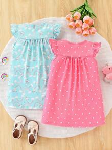 SHEIN 2pcs/Set Girls Cartoon Rainbow Print Sleeveless Dress & Vest Top Pajama Set, Cute/Vintage/Playful, Basic Casual, Summer, Sleepwear