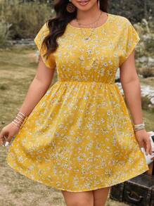 SHEIN LUNE Vestido casual versátil con estampado floral diminuto talla grande, atuendo para concierto country, atuendo de graduación, atuendos de verano para mujeres, atuendos para brunch, atuendos de verano para mujeres, atuendos para brunch para mujeres, atuendos para el Día de la Madre, atuendos para la iglesia para mujeres, vestido amarillo mantequilla - Amarillo - Ver 6