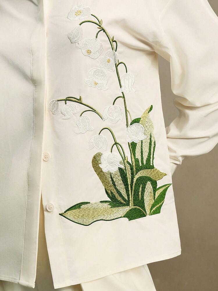 Women's Spring Tulip Print & Embroidered Shirt, Elegant Embroidered Collar Blouse, Casual For Spring Festival, Vacation, Holiday