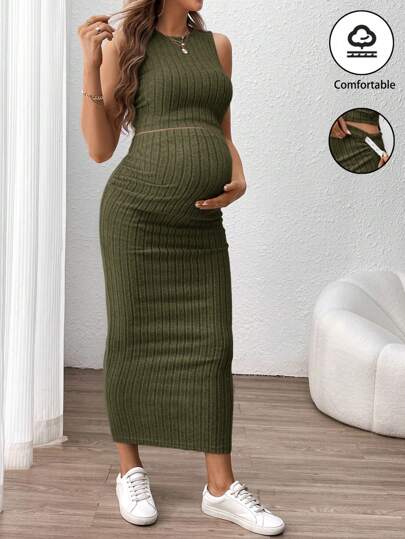 SHEIN 孕妇纯色短款吊带背心配长裙两件套