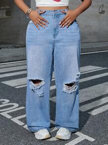 SHEIN EZwear Pantaloni larghi in jeans blu retrò per donne taglia comoda, adatti per tutto l'anno, primavera/estate, vacanze, estate, vacanze, Pasqua, primavera, stile occidentale, ufficio, rave, festa di nascità, cottagecore, stile country, stile old money - Blu - Visualizzare 6