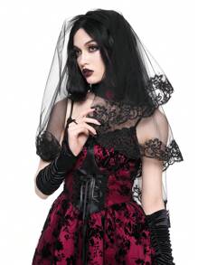 ROMWE Goth 1 件玫瑰新娘风格黑色法式复古蕾丝头纱 - 黑色 - 查看 3