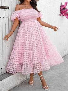 Breezaya Plus Size Women's Elegant French Waist Cinched Off Shoulder Puff Sleeve Puffy A-Line Dress