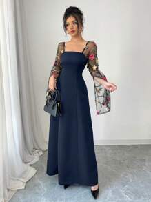 Elenzga Abito lungo attilliato da donna con vita aderente, patchwork in rete e ricamo a rose senza spalline