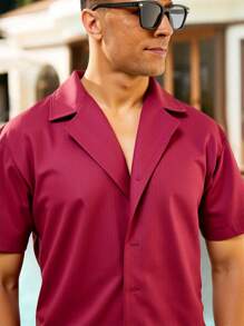 Surfspeed Men's Casual Beach Holiday Button-Up Shirt And Shorts Set - Burgundy - View 4