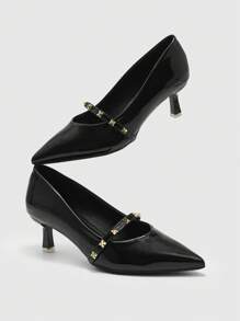 CUCCOO BIZCHIC Women's Pointed Toe High Heel Sandals With Studded Decor & Ankle Strap - Black - View 9