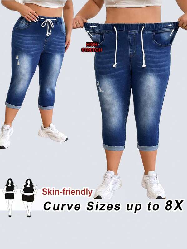 SHEIN CURVE+ Zerrissene Loose-Fit Jeans in 7/8-Länge mit hoher Taille und Bindedetail, geeignet für Sommerurlaub, in Große Größen