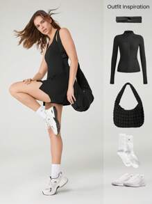 GLOWMODE Vestito attivo FeatherFit™ Air Match Point con scollo quadrato, schiena a canottiera, fessura anteriore piatta con cuciture caratteristiche, pantaloncini integrati, tasche laterali, antiscivolo, basso impatto per tennis, golf, pickleball, uso quotidiano