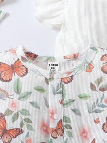 SHEIN 3pcs Baby Girls Casual Cute Butterfly Print Cap Sleeve Romper Set + Headband - Multicolor - View 6