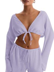 MUSERA Linen Feel Tie Front Wide Sleeve Beach Top  Vacation Beach Holiday Ibiza Going Out Tops Club Christmas,Elegant