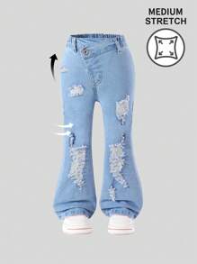 Girls Elastic Waist Ripped Distressed Flared Jeans With Unique Slanted Waist Design, Cool & - Light Wash - View 1