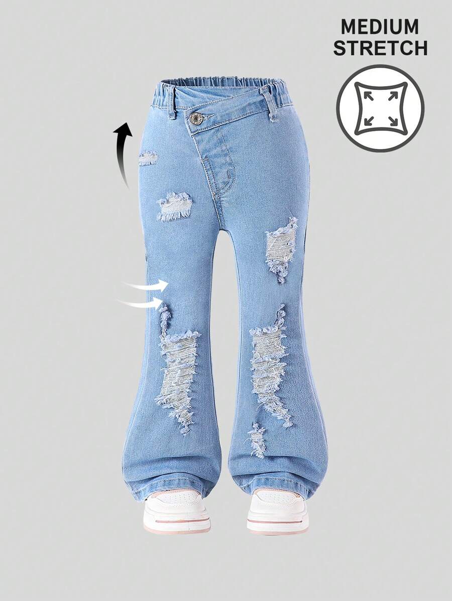 Girls Elastic Waist Ripped Distressed Flared Jeans With Unique Slanted Waist Design, Cool & - Light Wash - View 1