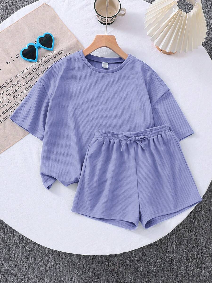 SHEIN LMoss Kids 2pcs/Set Young Girls Loose Knit Solid Crew Neck Top And Form-Fitting Knit Shorts Set
