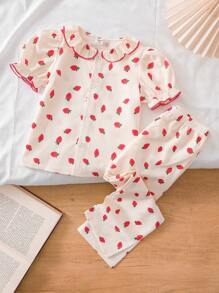 SHEIN 2pcs Strawberry Buttons Girls Pajama Set, Shirt & Shorts, Cute/Vintage/Playful, Casual Basics, Suitable For Any Occasion, Spring/Summer, Loose Short Sleeve Shirt And Shorts Sleepwear Set, Top And Bottom - Multicolor - View 1