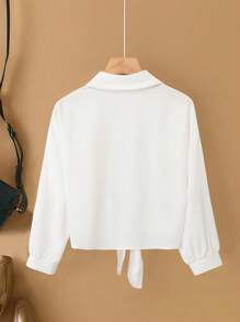 Franclia 法式优雅编织翻领长袖系带开衫，夏季新款白色衬衫 - 白色 - 查看 2