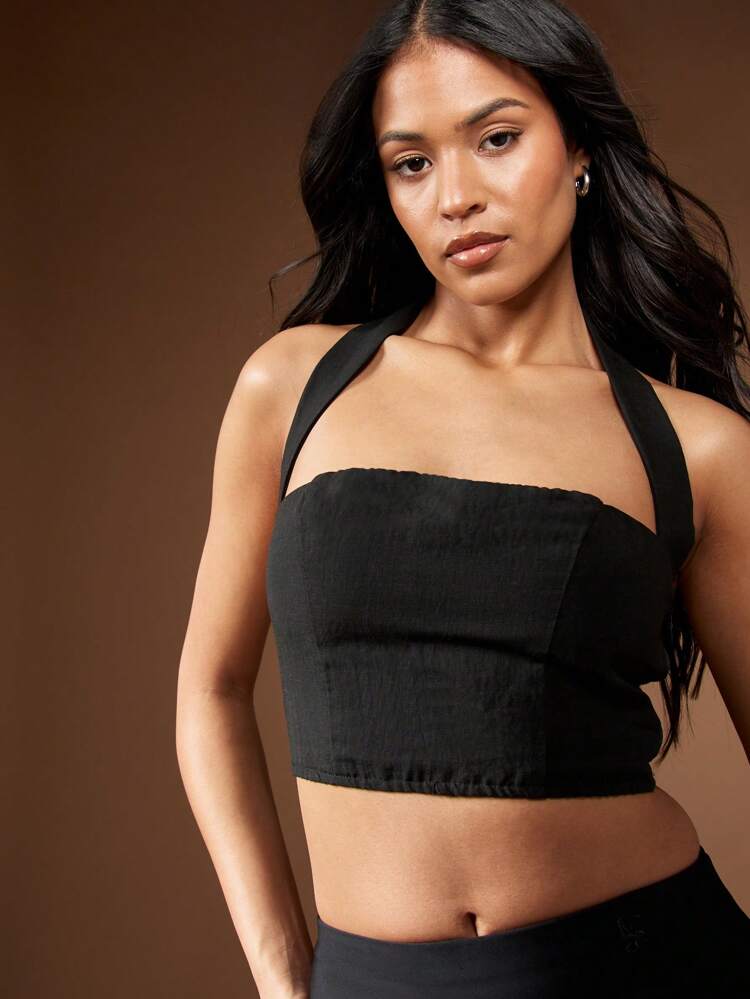 MISSGUIDED Linen Halter Neck Crop Top Summer Festival Bustier Style Sleeveless Party Club Night Out Casual Fashion Tank Cropped