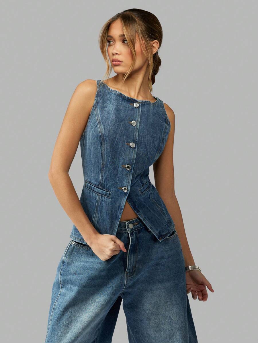 MISSGUIDED Gilet en jean sans manches pour femmes, style western avec boutons-pression, taille cintrée, Top superposable pour l'automne - Bleu azur - Voir 1