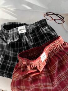 Comfortcana 2件套大码女式格子松紧腰宽松短裤套装，黑色和红色 - 黑與白 - 查看 5