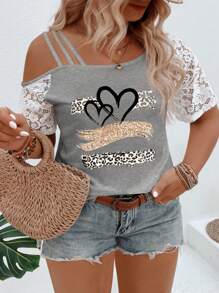 SHEIN Plus Size Asymmetrical Collar Lace Short Sleeve Leopard Heart Print Casual T-Shirt, Spring/Summer