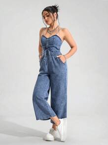 Jeanoix 女式前抽绳阔腿休闲牛仔连身裤 - 中等水洗藍 - 查看 1