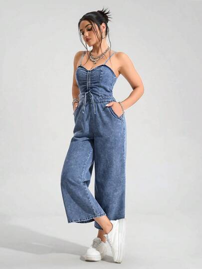 SHEIN EZwear Mono vaquero casual con pierna ancha y cordón delantero para mujer