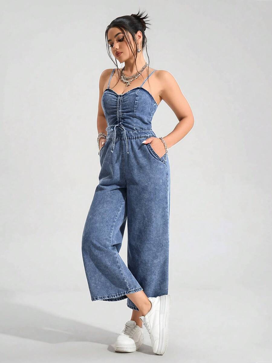 Jeanoix 女式前抽绳阔腿休闲牛仔连身裤 - 中等水洗藍 - 查看 1