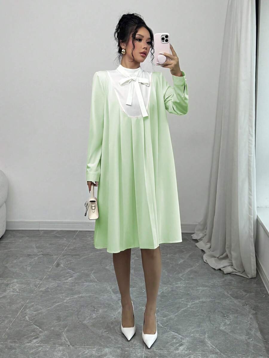 Elenzga 1pc Women Solid Color Patchwork Tie-Up Long Sleeve Elegant Dress Fall Cloth For Women