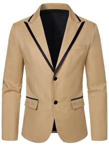 Manfinity Homme Men's Two Pieces Suit Set, Edge Trimmed Lapel Neck Long Sleeve Blazer & Pants - Khaki - View 4