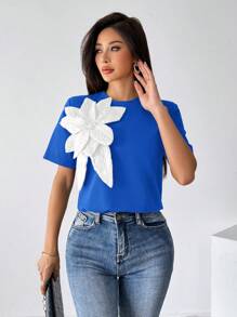 SHEIN Privé Camiseta feminina com estampa floral 3D azul manga curta - Azul Real - Ver 4
