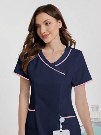 SHEIN TaskFit V 领口袋短袖手术服制服上衣