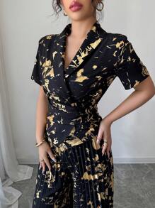 Elenzga 2 件套时尚通勤金箔面料裹身上衣和阔腿褶皱裤套装