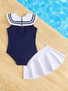 SHEIN Conjunto de traje de baño y falda a juego con cuello de marinero a rayas para bebé niña